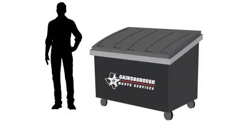 Showing a 2-yard dumpster next to person